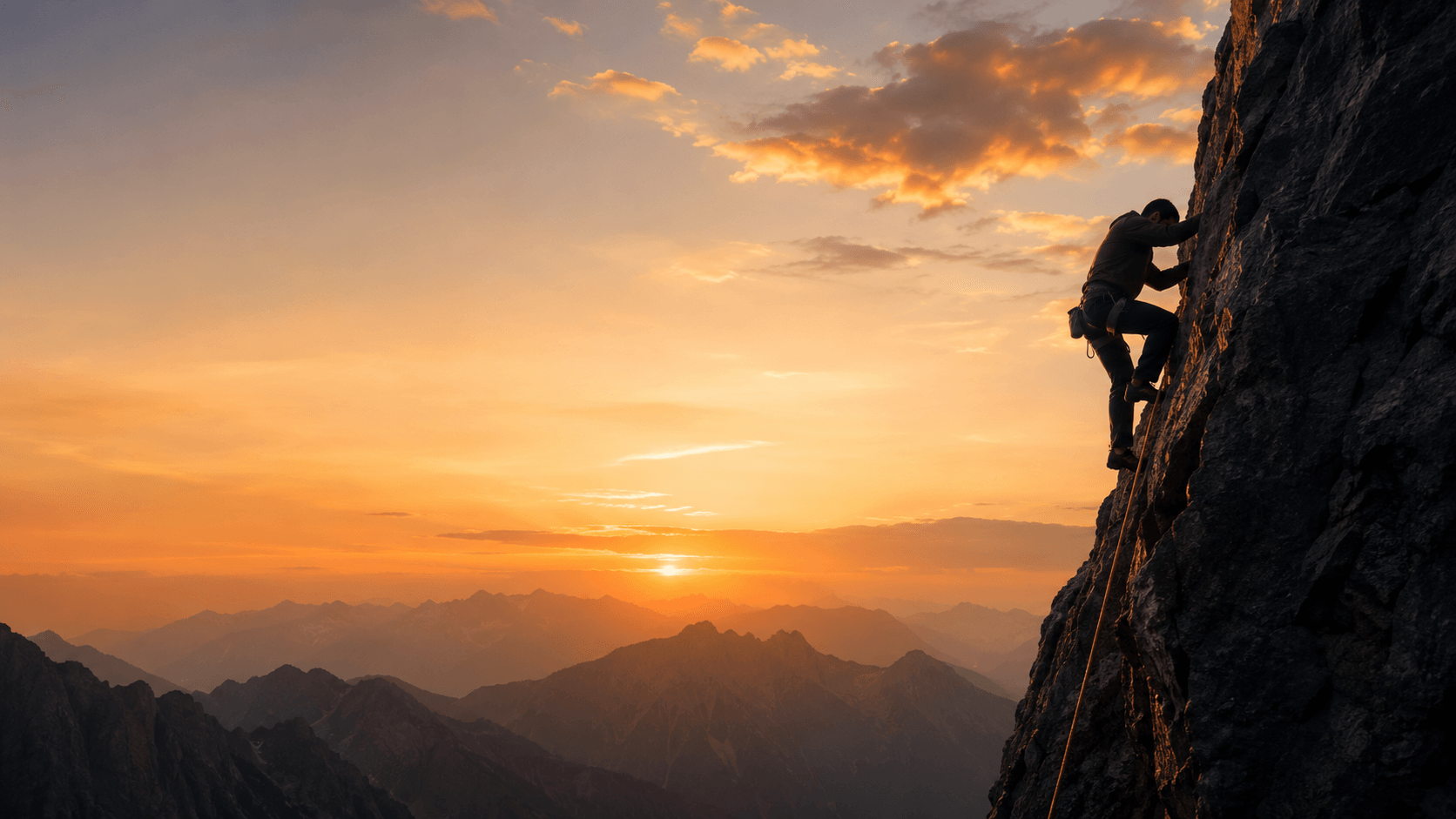 Rock climber secured by a safety rope on a cliff at sunset